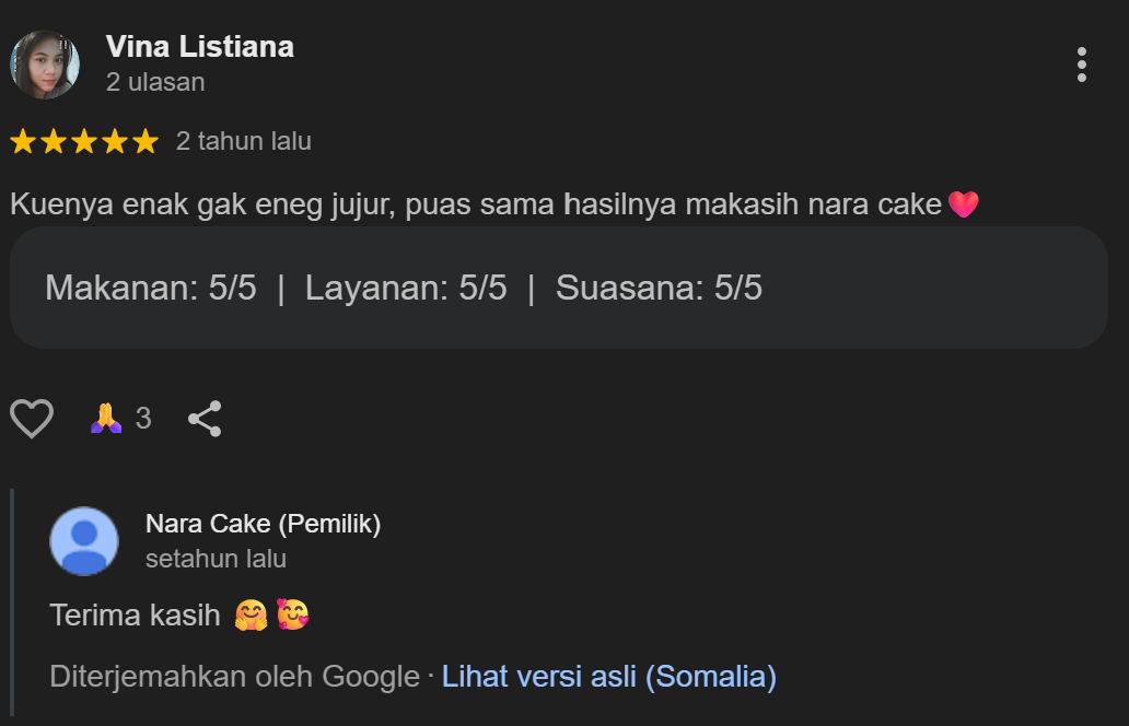 Testimoni Pelanggan Nara Cakes Cinunuk 3